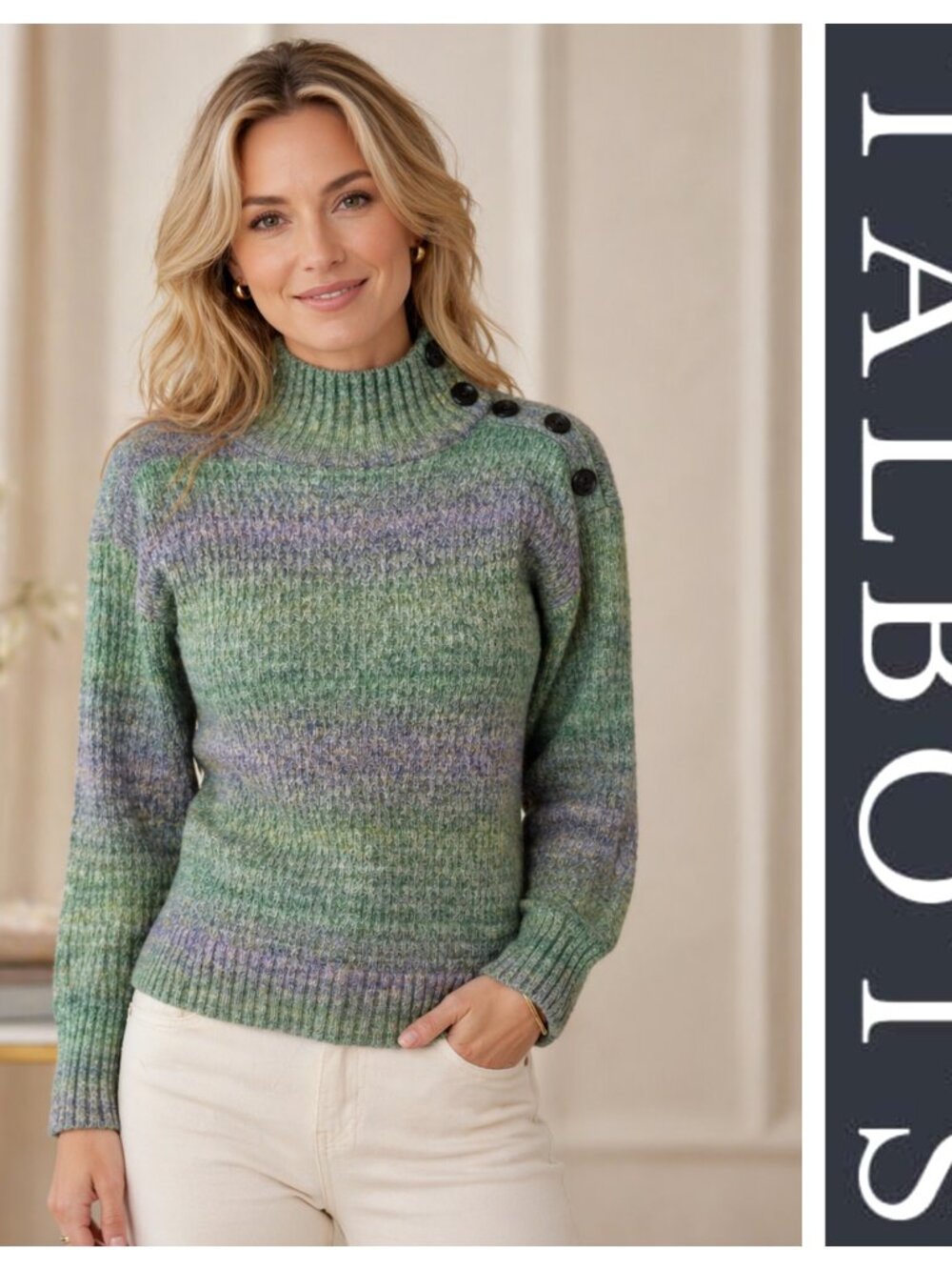 Talbots Button Shoulder Green Lavender Ombré Long Sleeve Sweater Size PS